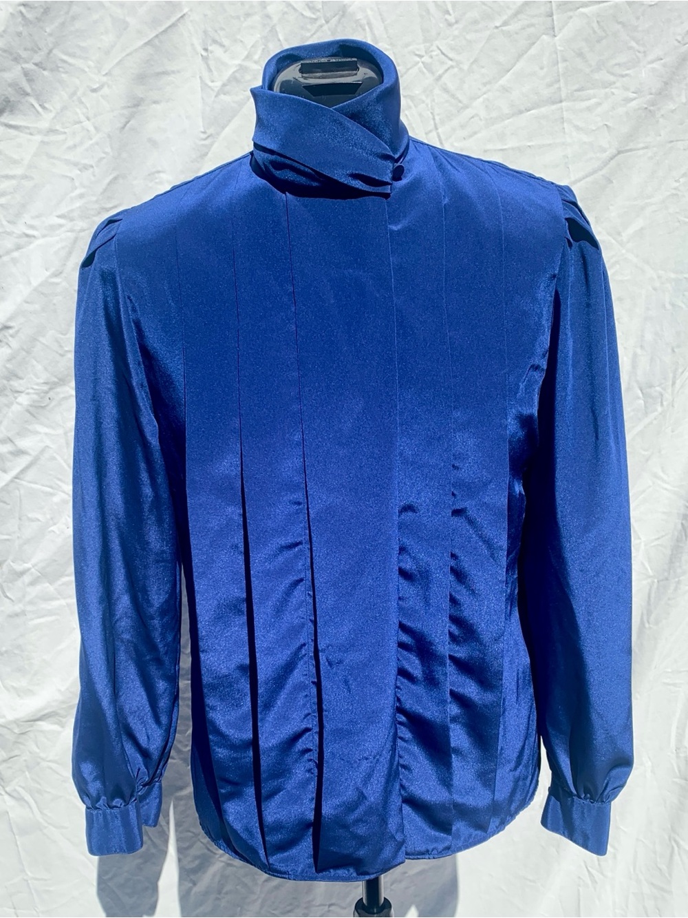 Vintage Blue Secretary Blouse High Neck Long Sleeve Pleated Satin Top